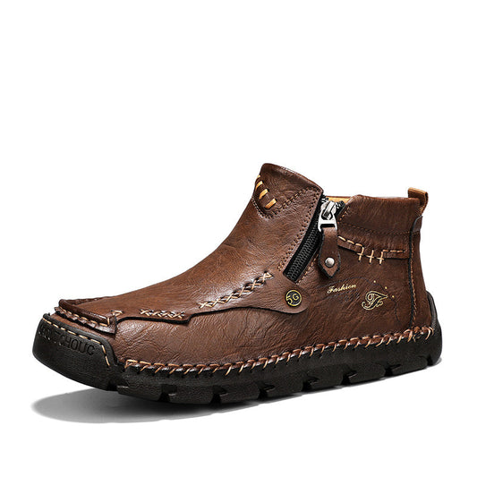 (π#6 Best Seller) Men's Top-Quality Motorcycle Boots Hand-Stitched Genuine Leather Boots-Wide Toe, Waterproof, Anti-Slip, Anti-Sprain, Suitable for Work, Driving, Hiking