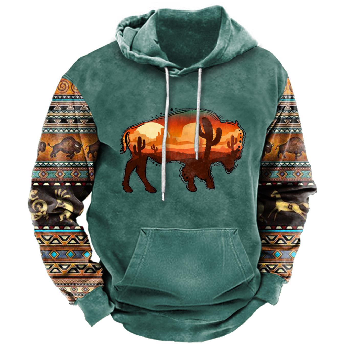 Men's Ethnic Geometric Western Buffalo Print Hoodie