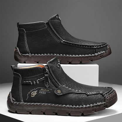 (🎁#6 Best Seller) Men's Top-Quality Motorcycle Boots Hand-Stitched Genuine Leather Boots-Wide Toe, Waterproof, Anti-Slip, Anti-Sprain, Suitable for Work, Driving, Hiking