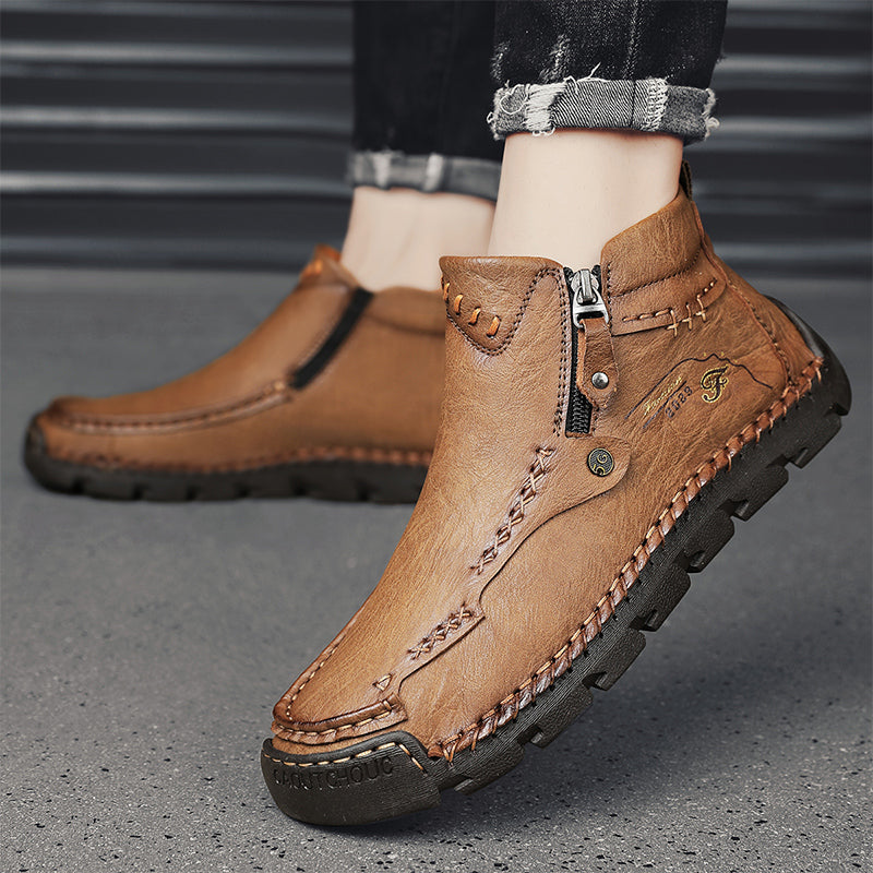 (🎁#6 Best Seller) Men's Top-Quality Motorcycle Boots Hand-Stitched Genuine Leather Boots-Wide Toe, Waterproof, Anti-Slip, Anti-Sprain, Suitable for Work, Driving, Hiking