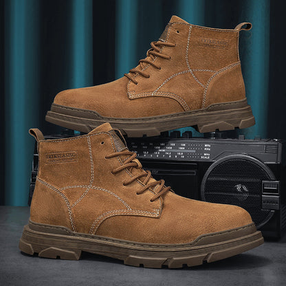 Men’s Leather Work Chukka Boots, Hand-Stitched Lace-Up Ankle Boots with Waterproof Lining, Non-Slip/Oil-Resistant Sole, Arch Support
