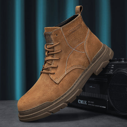 Men’s Leather Work Chukka Boots, Hand-Stitched Lace-Up Ankle Boots with Waterproof Lining, Non-Slip/Oil-Resistant Sole, Arch Support