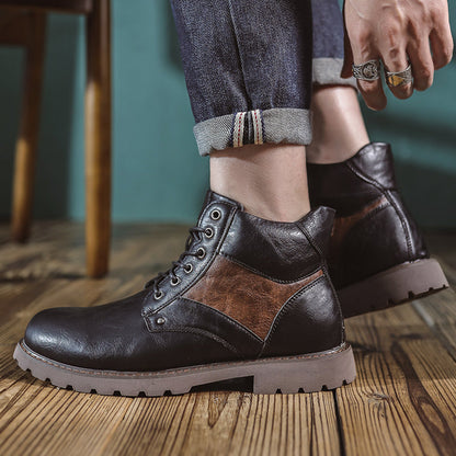 Mens Vintage Leather Ankle Boots, Hand-Stitched Lace-Up Work Boots with Arch Support, Non-Slip Lug Sole Casual Hiking Walking Chukka Boots