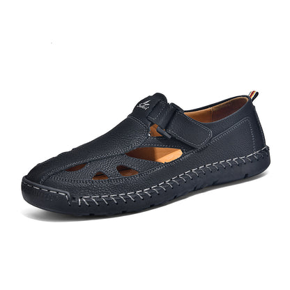 Men's Genuine Leather Sandals - Velcro Strap, Easy Adjust, Wide Toe Box with Arch Support