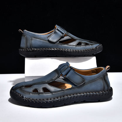 Men's Genuine Leather Sandals - Velcro Strap, Easy Adjust, Wide Toe Box with Arch Support
