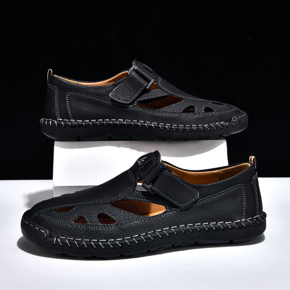 Men's Genuine Leather Sandals - Velcro Strap, Easy Adjust, Wide Toe Box with Arch Support