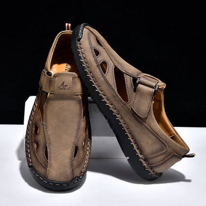 Men's Genuine Leather Sandals - Velcro Strap, Easy Adjust, Wide Toe Box with Arch Support