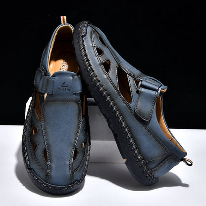 Men's Genuine Leather Sandals - Velcro Strap, Easy Adjust, Wide Toe Box with Arch Support