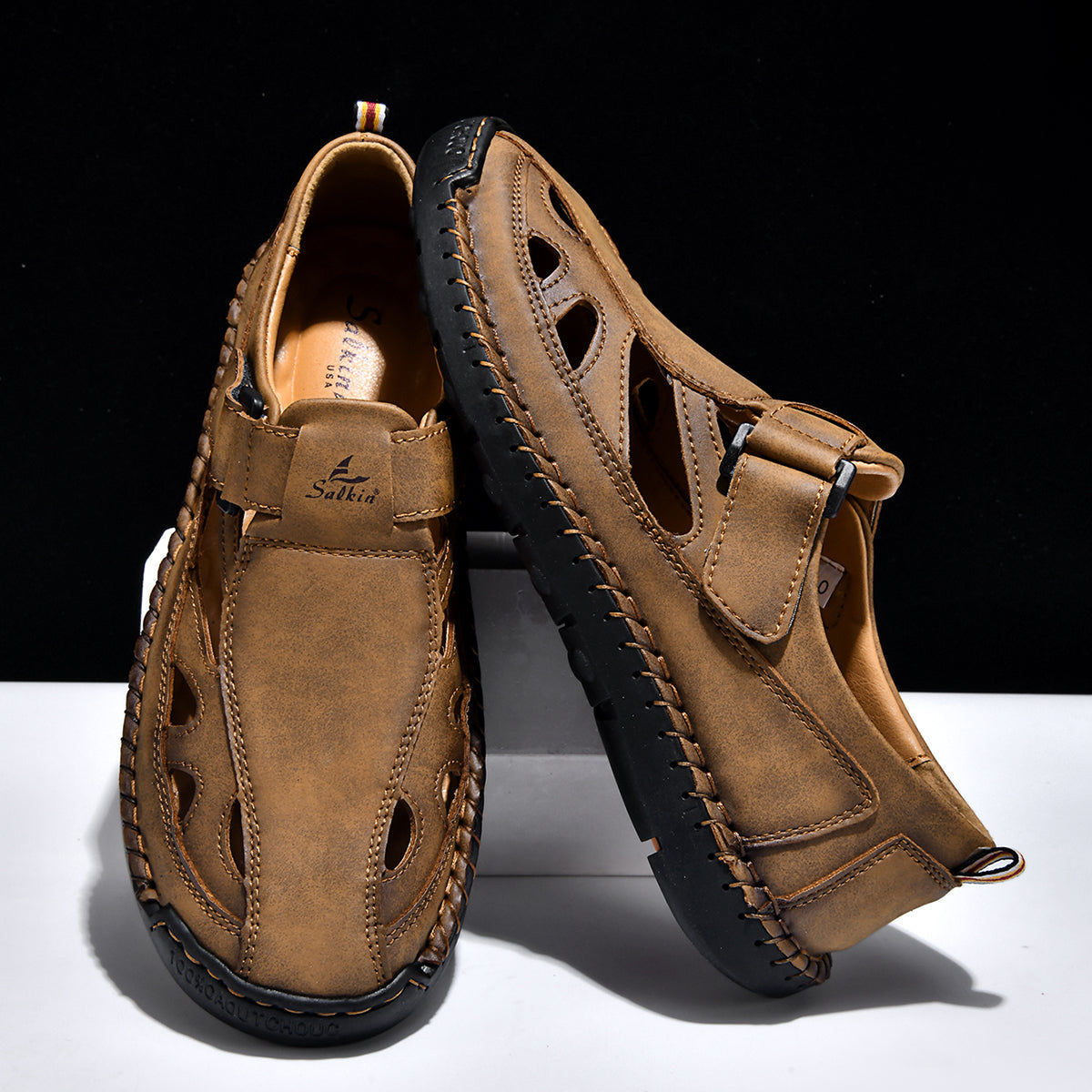 Men's Genuine Leather Sandals - Velcro Strap, Easy Adjust, Wide Toe Box with Arch Support
