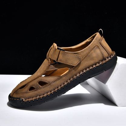 Men's Genuine Leather Sandals - Velcro Strap, Easy Adjust, Wide Toe Box with Arch Support