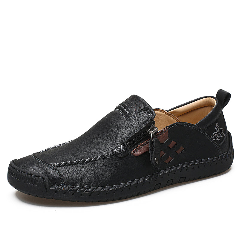 Men's Genuine Leather Walking Shoes - Slip-On, Waterproof, Wide Toe Box with Arch Support