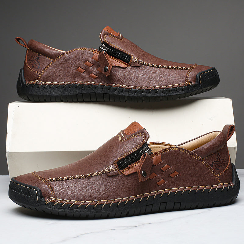 Men's Genuine Leather Walking Shoes - Slip-On, Waterproof, Wide Toe Box with Arch Support
