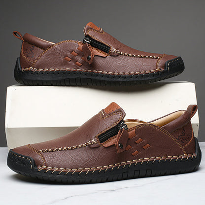 Men's Genuine Leather Walking Shoes - Slip-On, Waterproof, Wide Toe Box with Arch Support