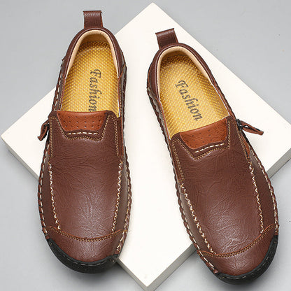 Men's Genuine Leather Walking Shoes - Slip-On, Waterproof, Wide Toe Box with Arch Support