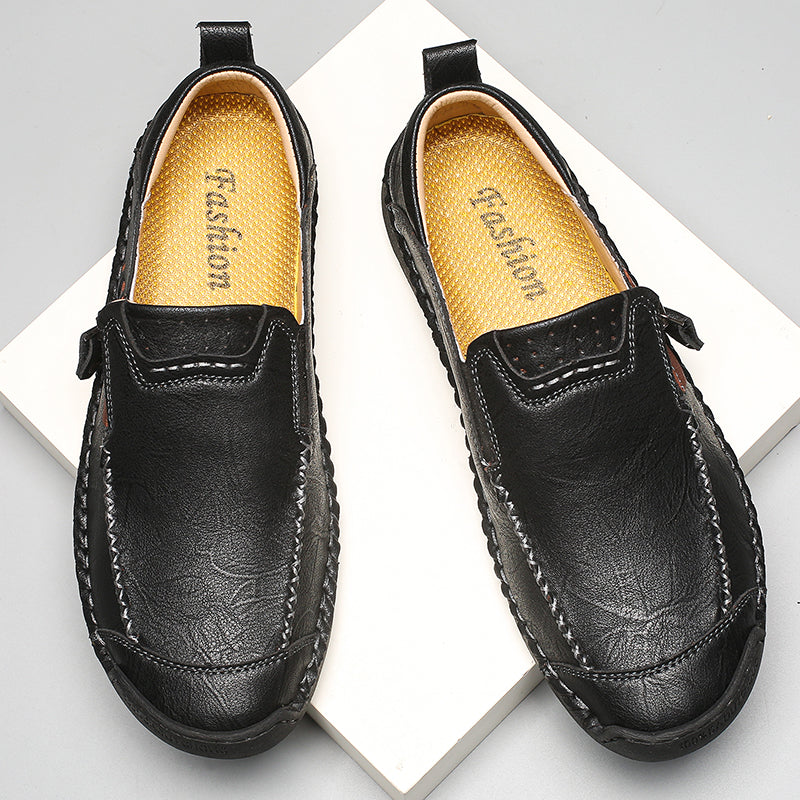 Men's Genuine Leather Walking Shoes - Slip-On, Waterproof, Wide Toe Box with Arch Support