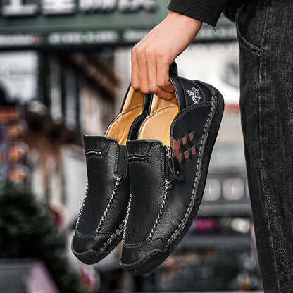Men's Genuine Leather Walking Shoes - Slip-On, Waterproof, Wide Toe Box with Arch Support