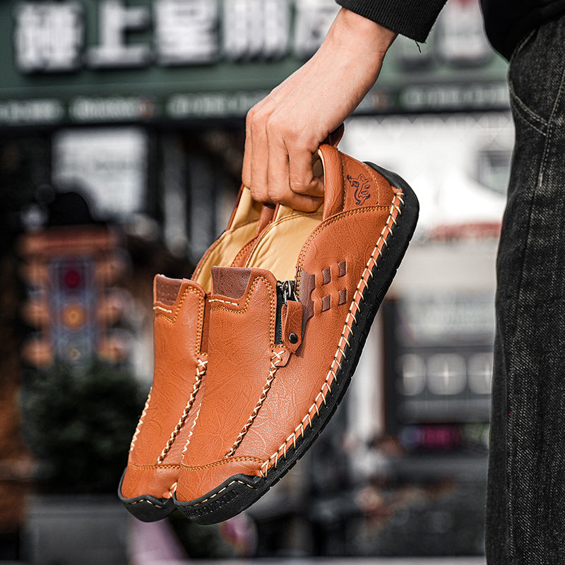 Men's Genuine Leather Walking Shoes - Slip-On, Waterproof, Wide Toe Box with Arch Support