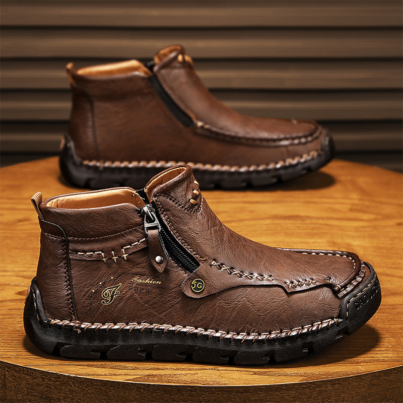 (🎁#6 Best Seller) Men's Top-Quality Motorcycle Boots Hand-Stitched Genuine Leather Boots-Wide Toe, Waterproof, Anti-Slip, Anti-Sprain, Suitable for Work, Driving, Hiking