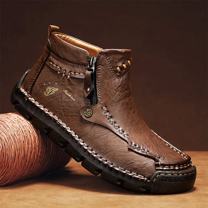 (🎁#6 Best Seller) Men's Top-Quality Motorcycle Boots Hand-Stitched Genuine Leather Boots-Wide Toe, Waterproof, Anti-Slip, Anti-Sprain, Suitable for Work, Driving, Hiking