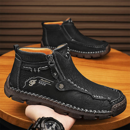 (🎁#6 Best Seller) Men's Top-Quality Motorcycle Boots Hand-Stitched Genuine Leather Boots-Wide Toe, Waterproof, Anti-Slip, Anti-Sprain, Suitable for Work, Driving, Hiking