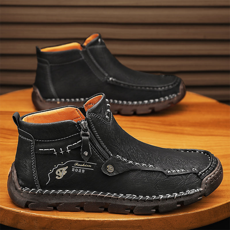 (🎁#6 Best Seller) Men's Top-Quality Motorcycle Boots Hand-Stitched Genuine Leather Boots-Wide Toe, Waterproof, Anti-Slip, Anti-Sprain, Suitable for Work, Driving, Hiking