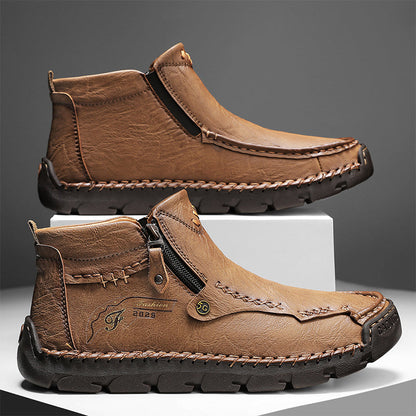 (🎁#6 Best Seller) Men's Top-Quality Motorcycle Boots Hand-Stitched Genuine Leather Boots-Wide Toe, Waterproof, Anti-Slip, Anti-Sprain, Suitable for Work, Driving, Hiking