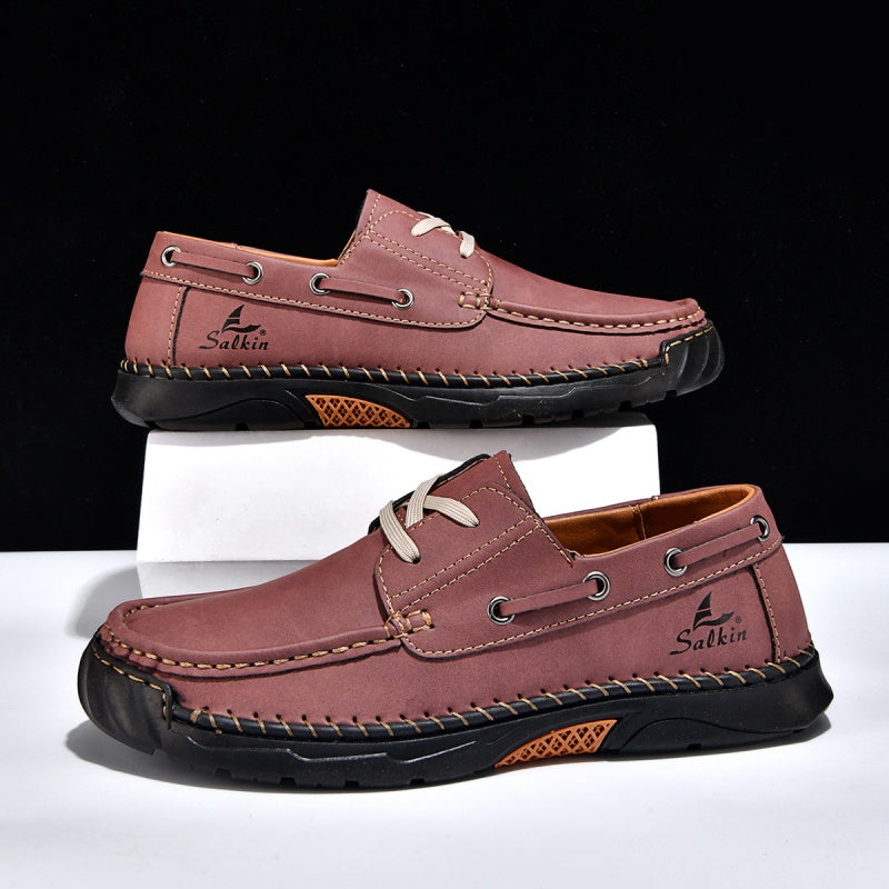 (💥Top Rated Choice)  Men’s Orthopedic Premium Handmade Leather Boat Shoes – Pressure Relief, Waterproof, Slip-Resistant, Wide Toe, Arch&Ankle Support for Everyday & Travel
