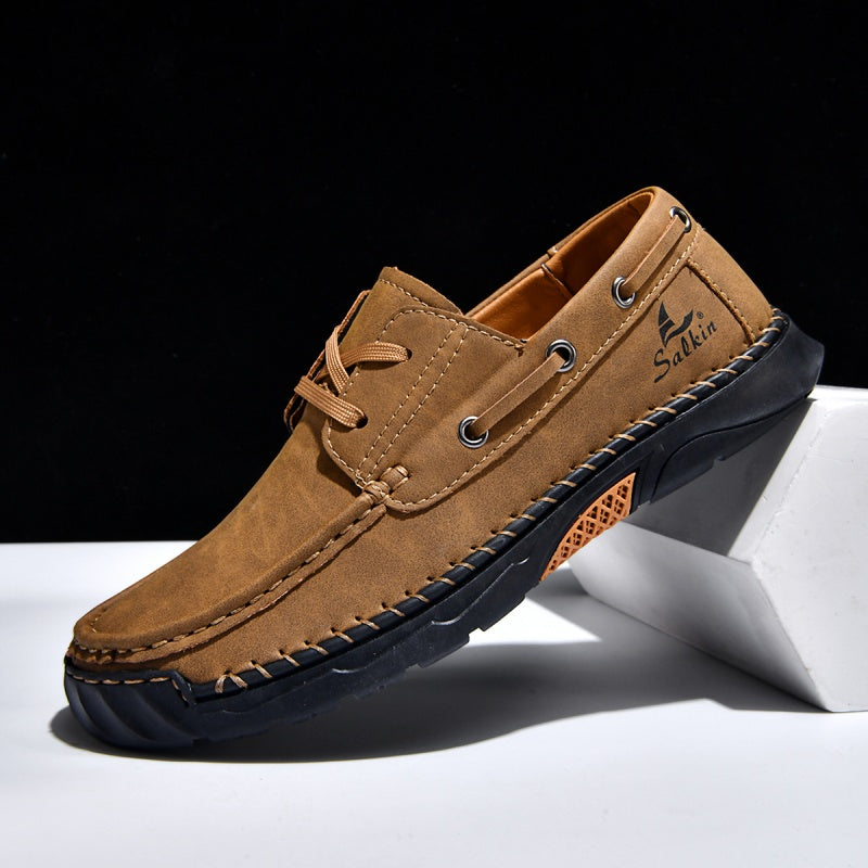 (💥Top Rated Choice)  Men’s Orthopedic Premium Handmade Leather Boat Shoes – Pressure Relief, Waterproof, Slip-Resistant, Wide Toe, Arch&Ankle Support for Everyday & Travel
