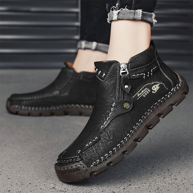 (🎁#6 Best Seller) Men's Top-Quality Motorcycle Boots Hand-Stitched Genuine Leather Boots-Wide Toe, Waterproof, Anti-Slip, Anti-Sprain, Suitable for Work, Driving, Hiking