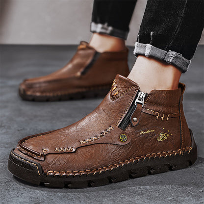 (🎁#6 Best Seller) Men's Top-Quality Motorcycle Boots Hand-Stitched Genuine Leather Boots-Wide Toe, Waterproof, Anti-Slip, Anti-Sprain, Suitable for Work, Driving, Hiking
