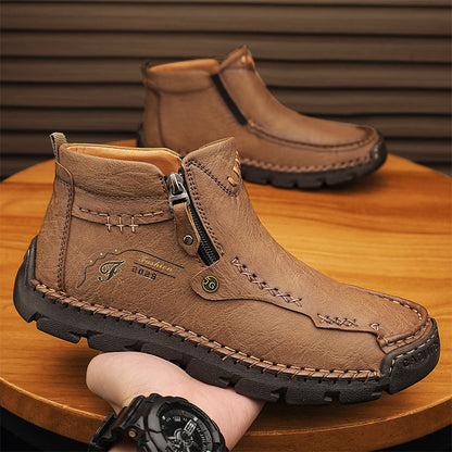 (🎁#6 Best Seller) Men's Top-Quality Motorcycle Boots Hand-Stitched Genuine Leather Boots-Wide Toe, Waterproof, Anti-Slip, Anti-Sprain, Suitable for Work, Driving, Hiking