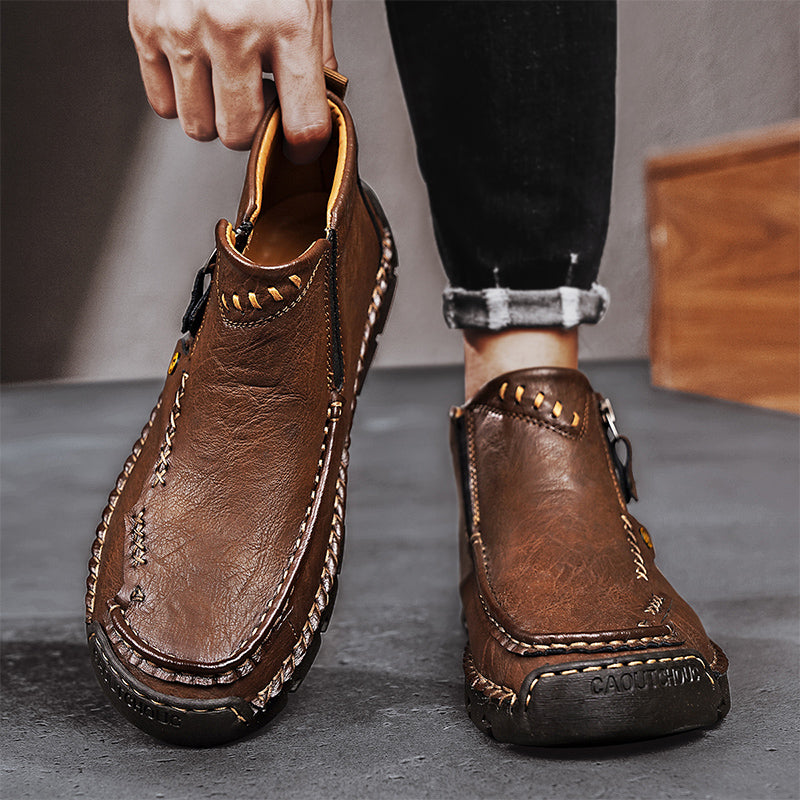 (🎁#6 Best Seller) Men's Top-Quality Motorcycle Boots Hand-Stitched Genuine Leather Boots-Wide Toe, Waterproof, Anti-Slip, Anti-Sprain, Suitable for Work, Driving, Hiking